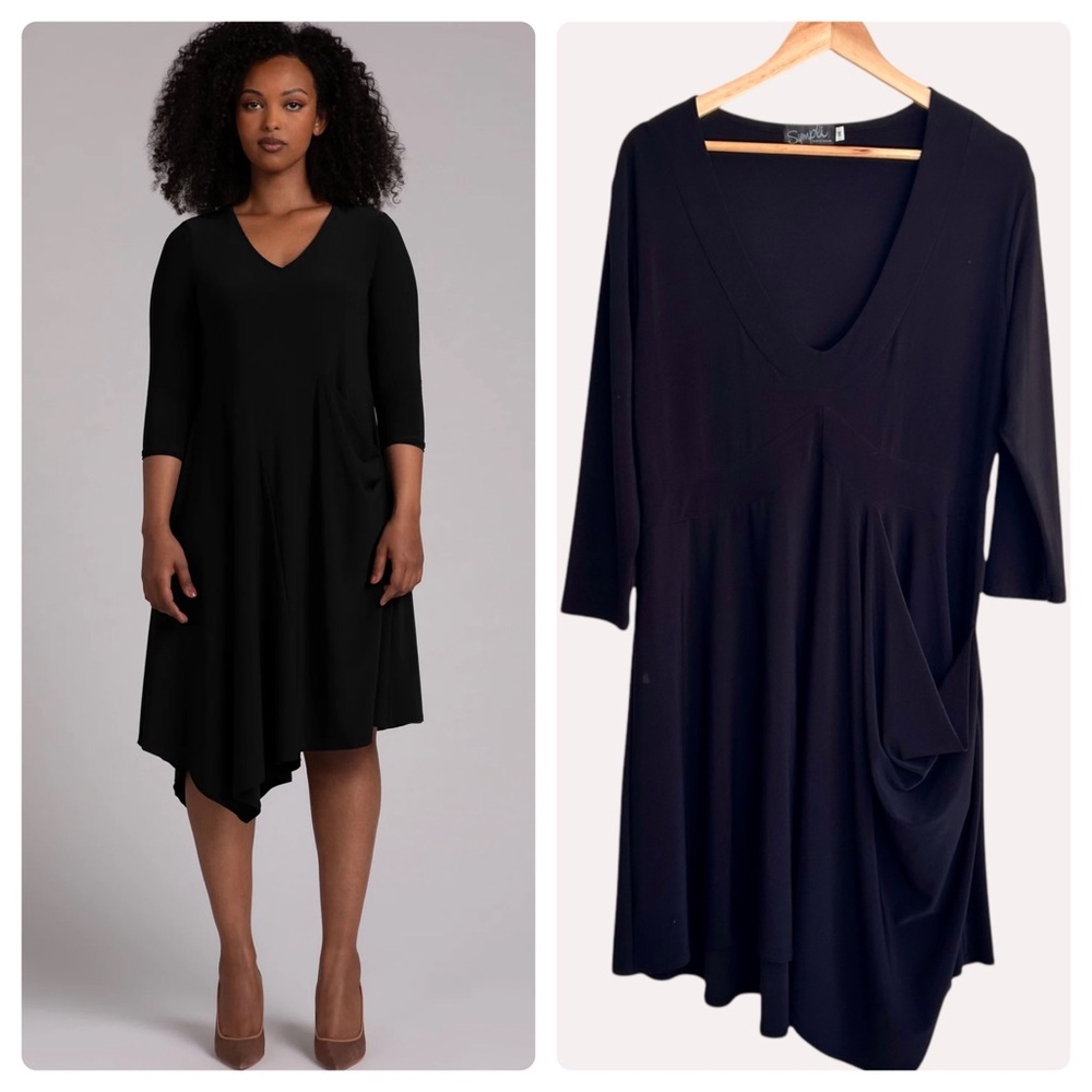 Sympli Sz 14 Black Asymmetrical Midi Dress Heavyweight Jersey V-Neck Minimalist